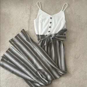 Francesca’s Striped White and Olive Jumpsuit